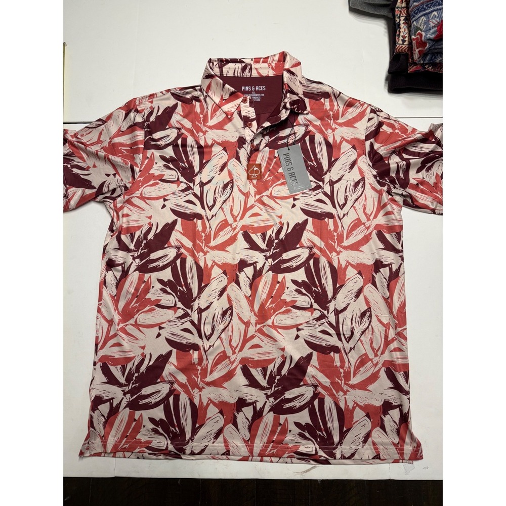 Pins & Aces Mens XXL Golf Polo Shirt Abstract Leaf Print 4-Way Stretch NWT